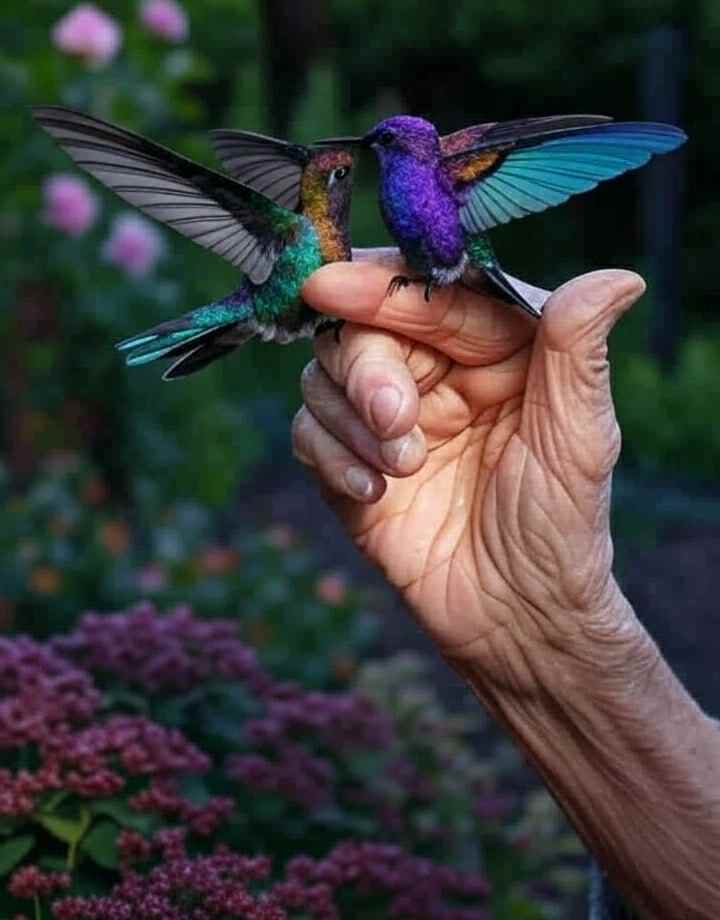 Elderly hands gently holding a mockingbird